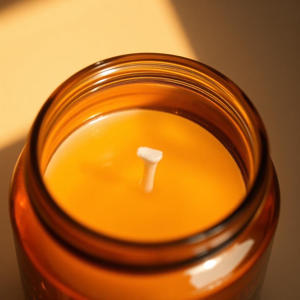 Close-up looking down into an amber glass candle showing the wax surface and cotton wick
