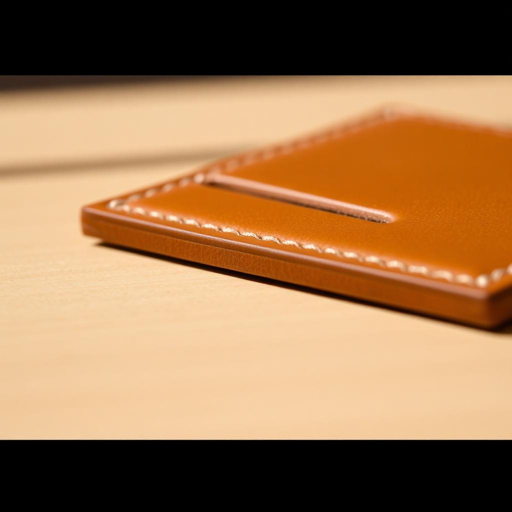 Close-up of the edge stitching and card slot on the slim leather cardholder