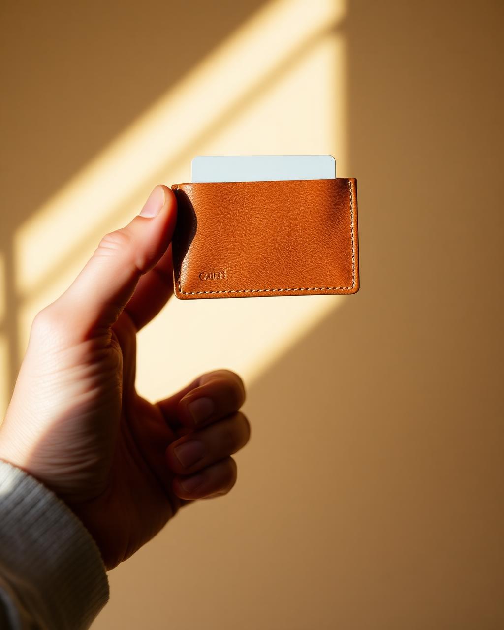 Slim tan leather cardholder held in a hand for scale, with a card tucked into the slot