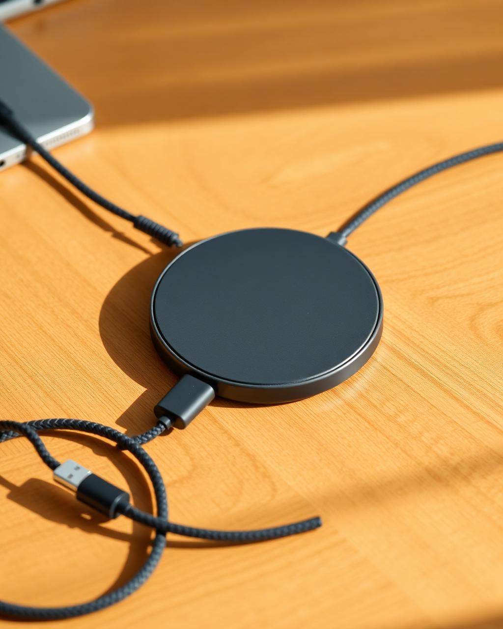 Slim matte grey wireless charging pad with a coiled braided USB-C cable on a wooden desk