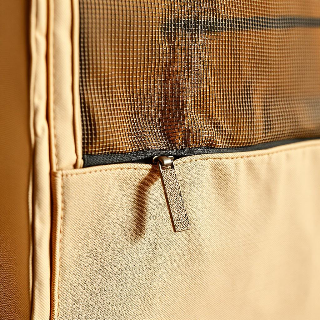 Close-up of the mesh top panel and fabric zip pull on a sand coloured packing cube
