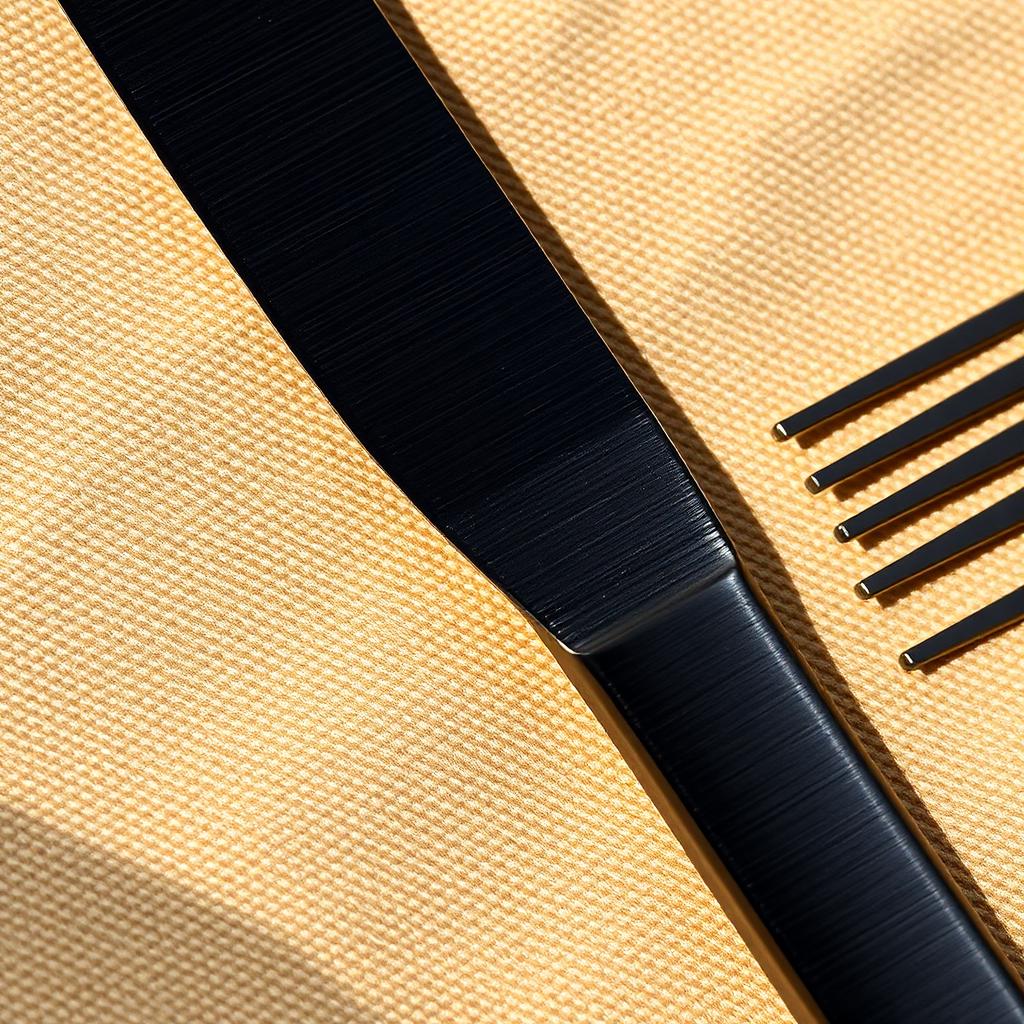 Close-up of the brushed matte black finish on the cutlery handles against linen