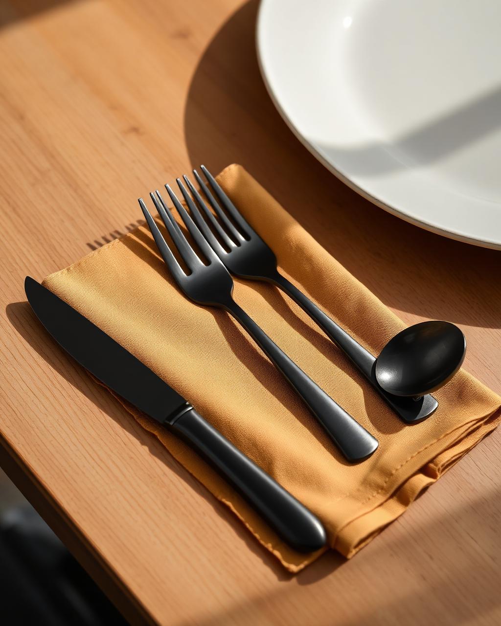 Matte black knife, fork and spoon laid on a warm linen napkin beside a white ceramic plate