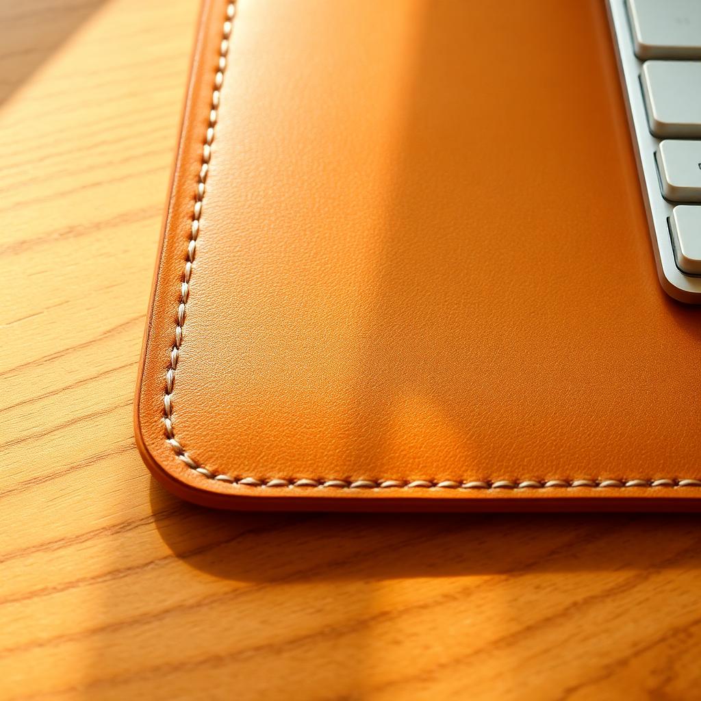 Close-up of the stitched corner and grain of the vegetable-tanned leather desk mat