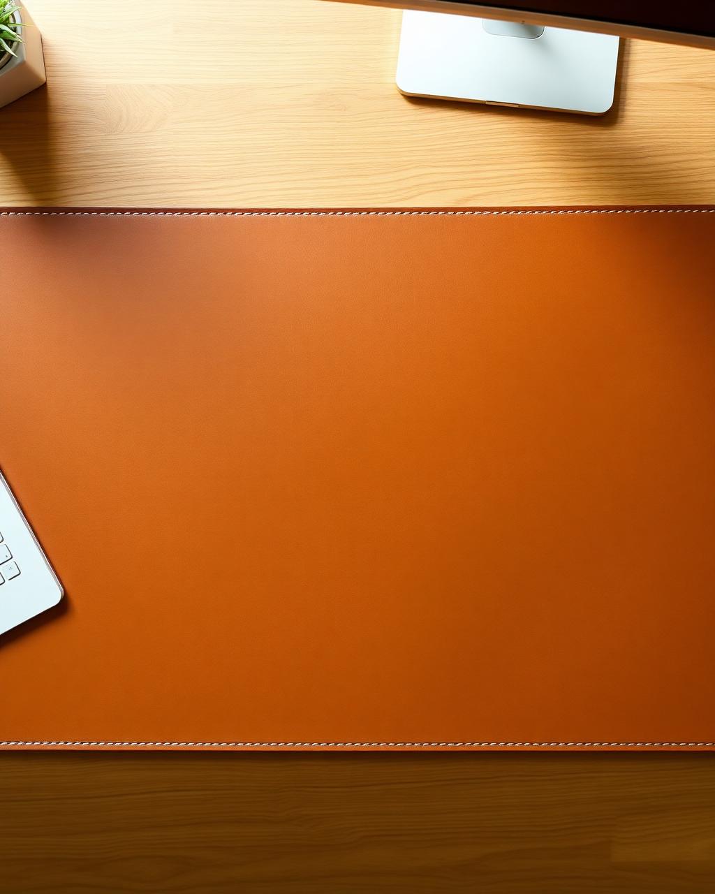 Large tan vegetable-tanned leather desk mat covering a wooden desk, seen from above