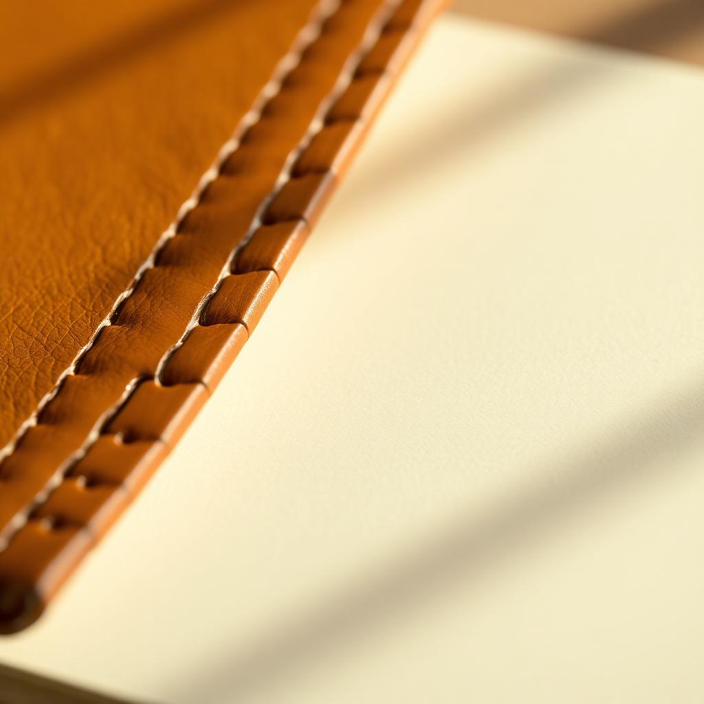 Close-up of the stitched leather spine and cream page edges of the Ledger journal