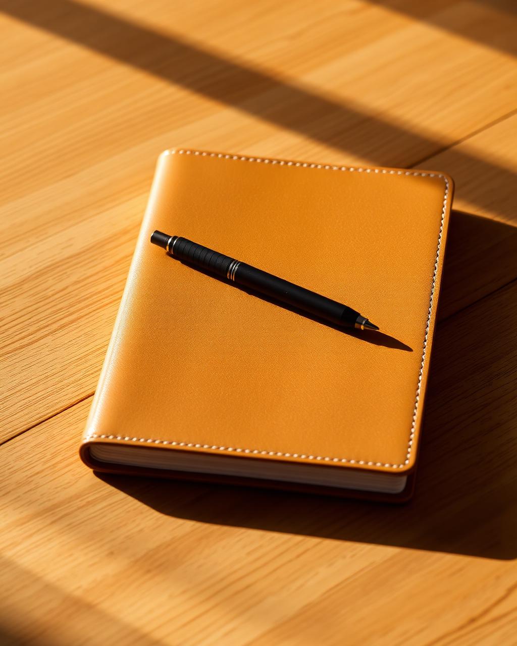 A5 tan leather journal with a slim matte black pen resting on top, on a wooden desk