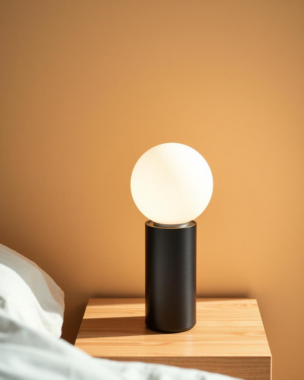 Haven portable bedside lamp with a matte black aluminium body and lit white dome diffuser on a wooden bedside table