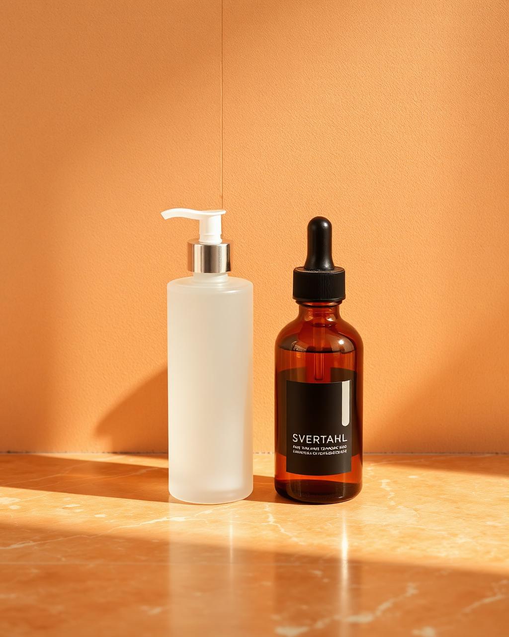 Sealed frosted glass pump bottle and amber glass dropper bottle standing on a warm stone shelf