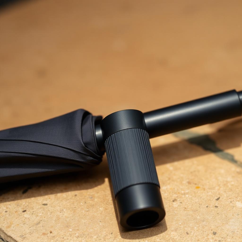 Close-up of the ribbed handle and folding shaft mechanism of the compact umbrella