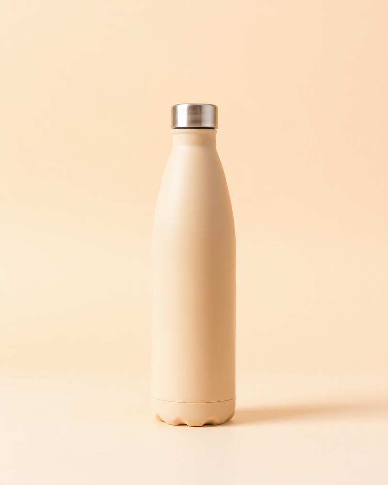 Sand-coloured insulated 750 ml bottle with a steel cap, photographed on a plain neutral background