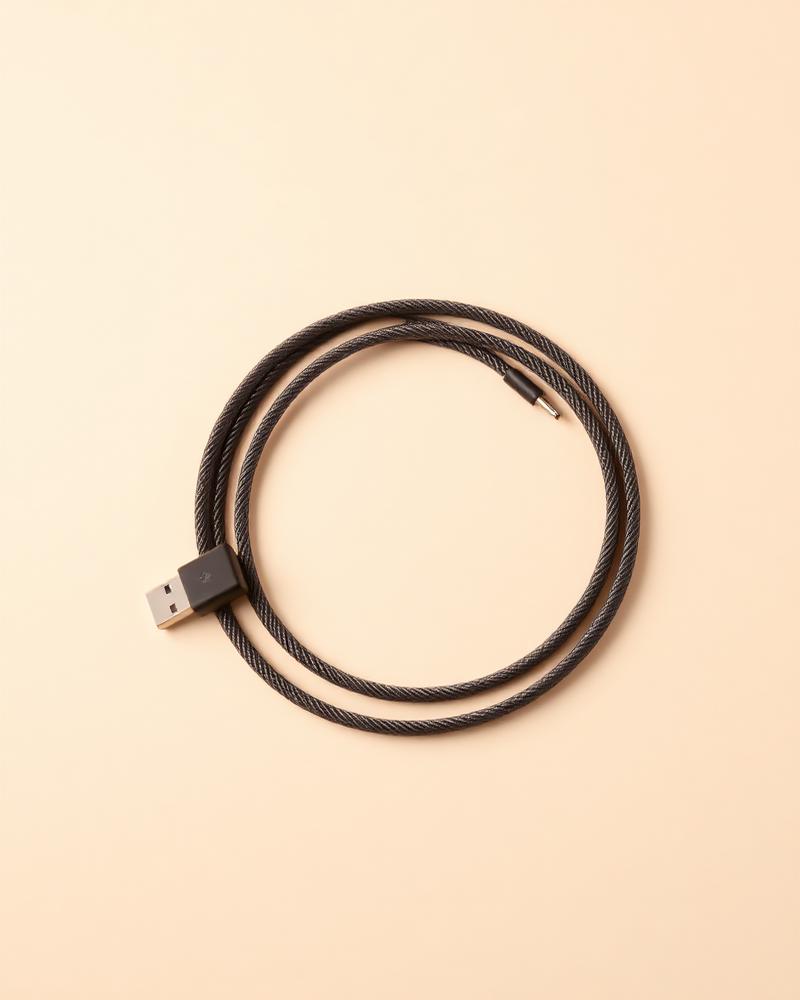 Coiled braided USB-C to USB-C cable on a plain neutral background