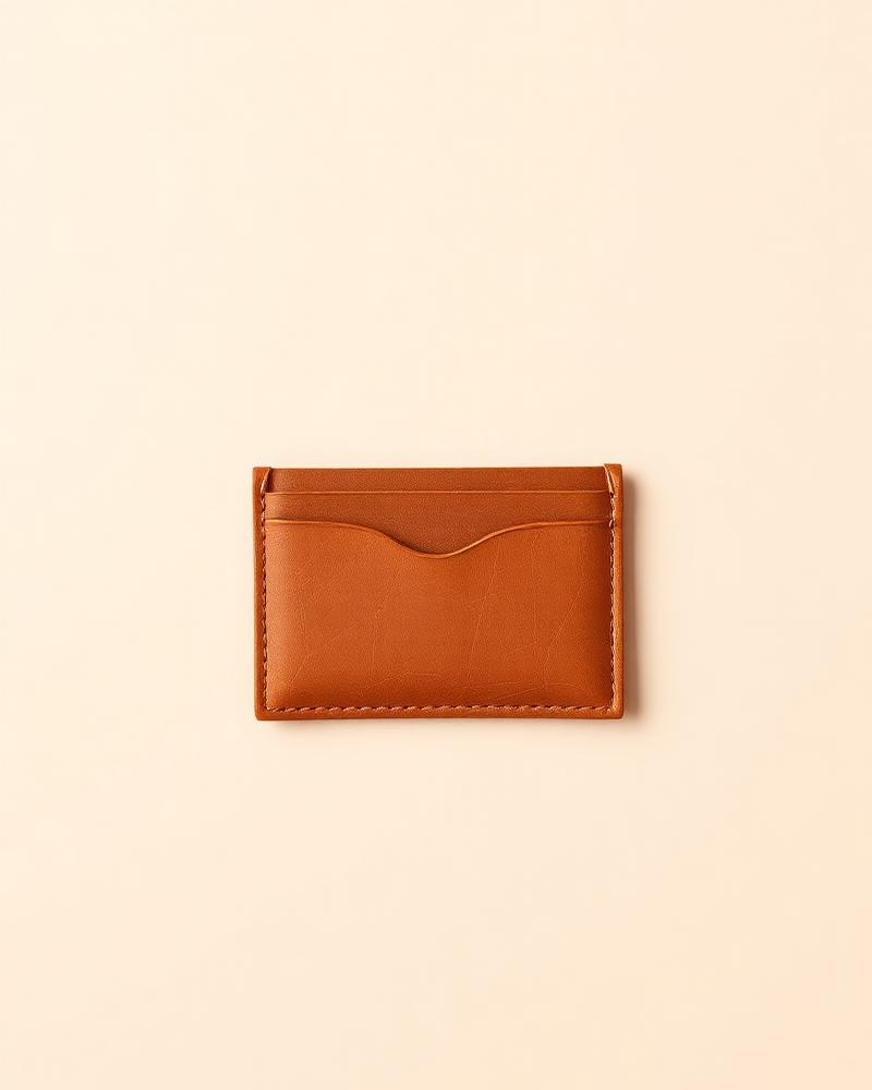 Slim tan leather cardholder photographed flat on a plain neutral background