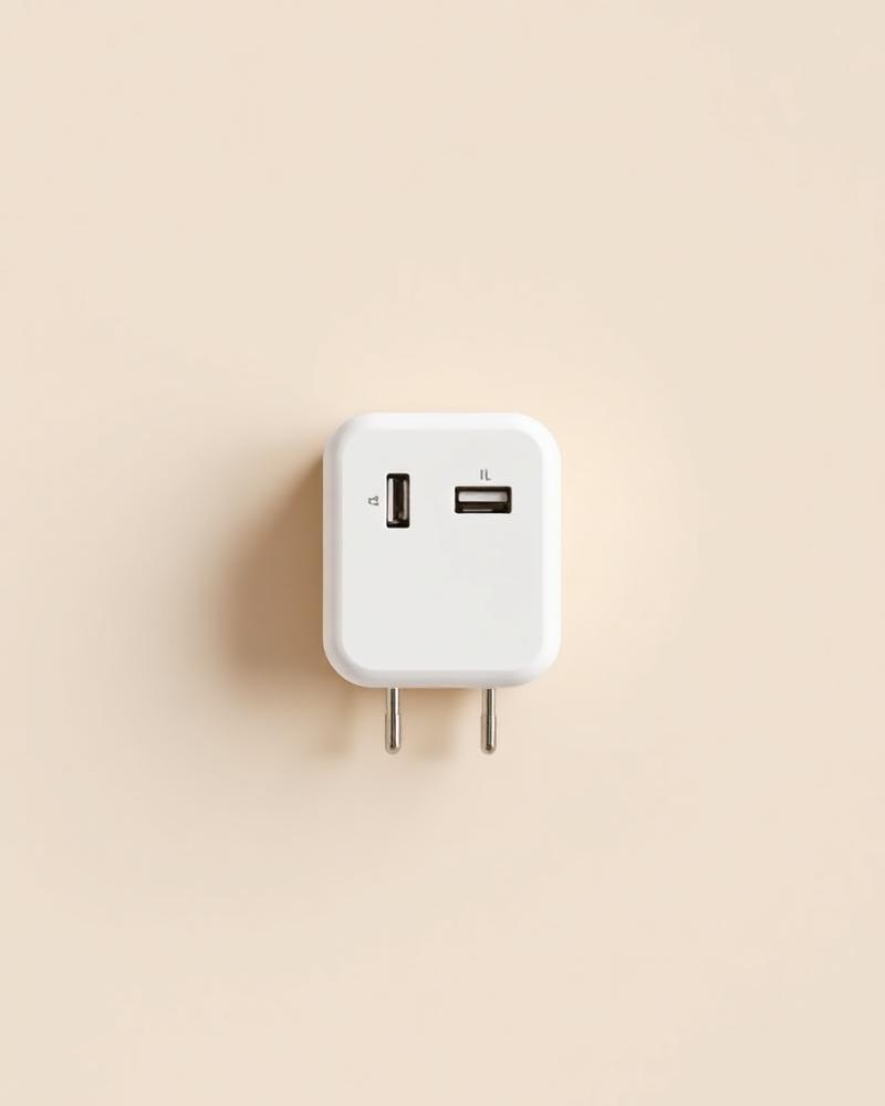 Compact white dual-port USB-C wall charger on a plain neutral background