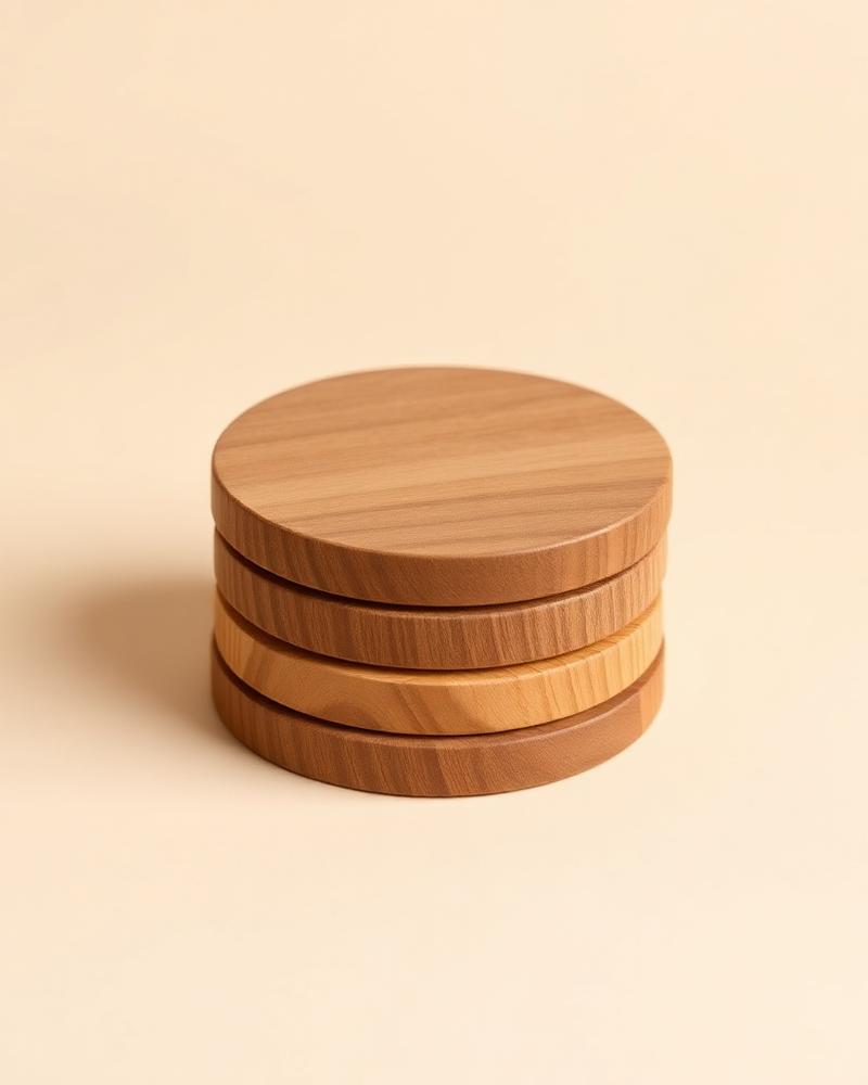 Four round stone coasters stacked on a plain neutral background
