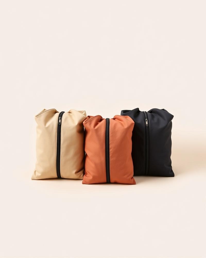 Set of three zipped packing cubes in sand, clay and charcoal on a plain neutral background