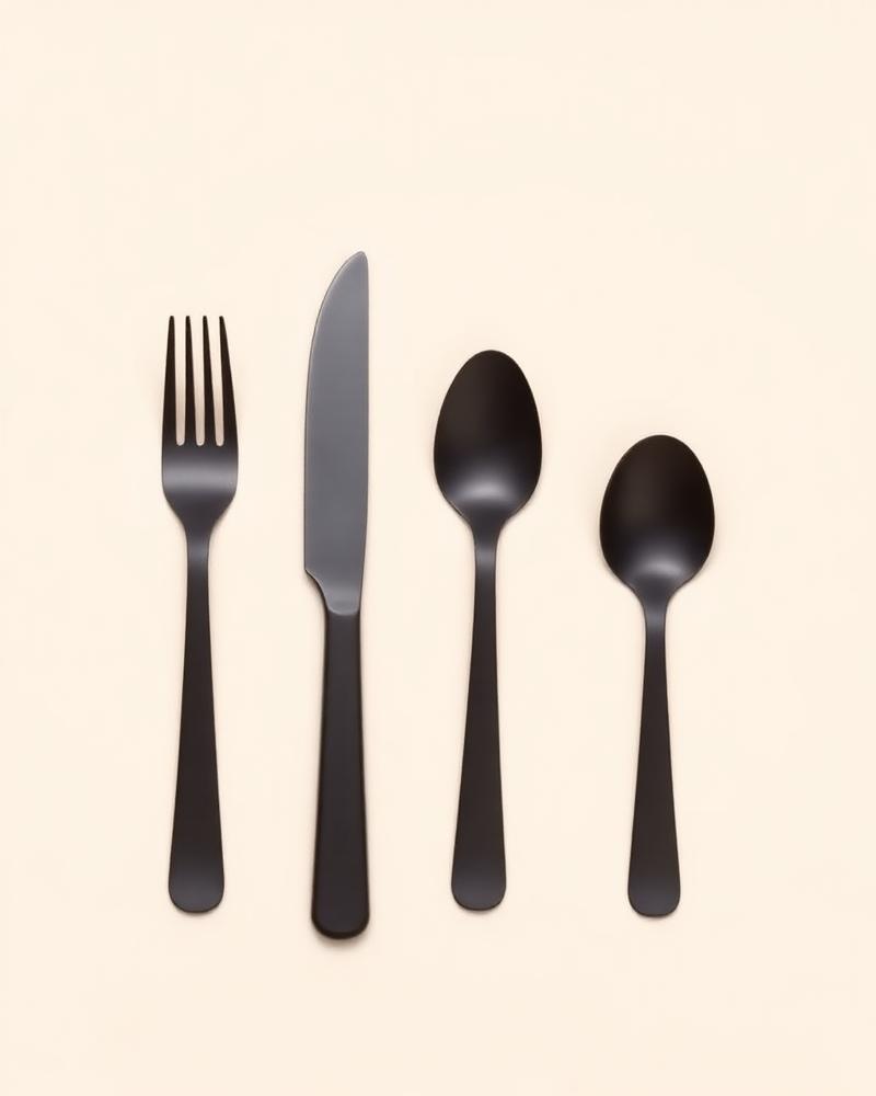 Matte black knife, fork, spoon and teaspoon laid in a row on a plain neutral background