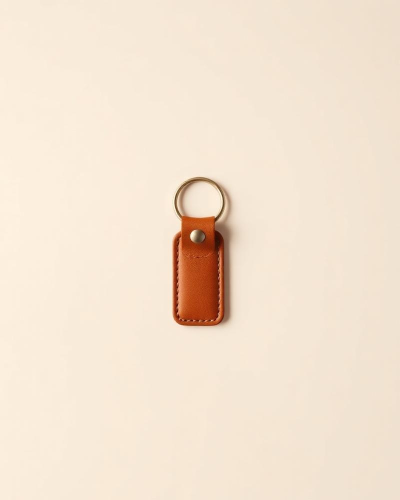 Small tan leather key holder with a metal ring on a plain neutral background