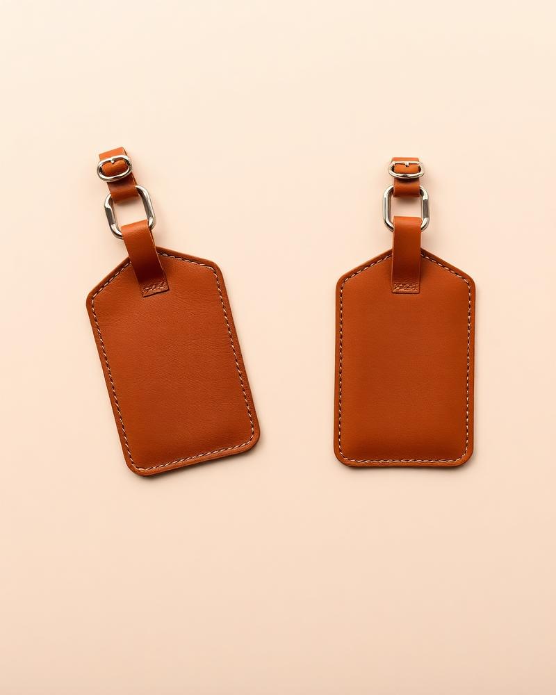 Tan leather luggage tag with a buckled strap on a plain neutral background