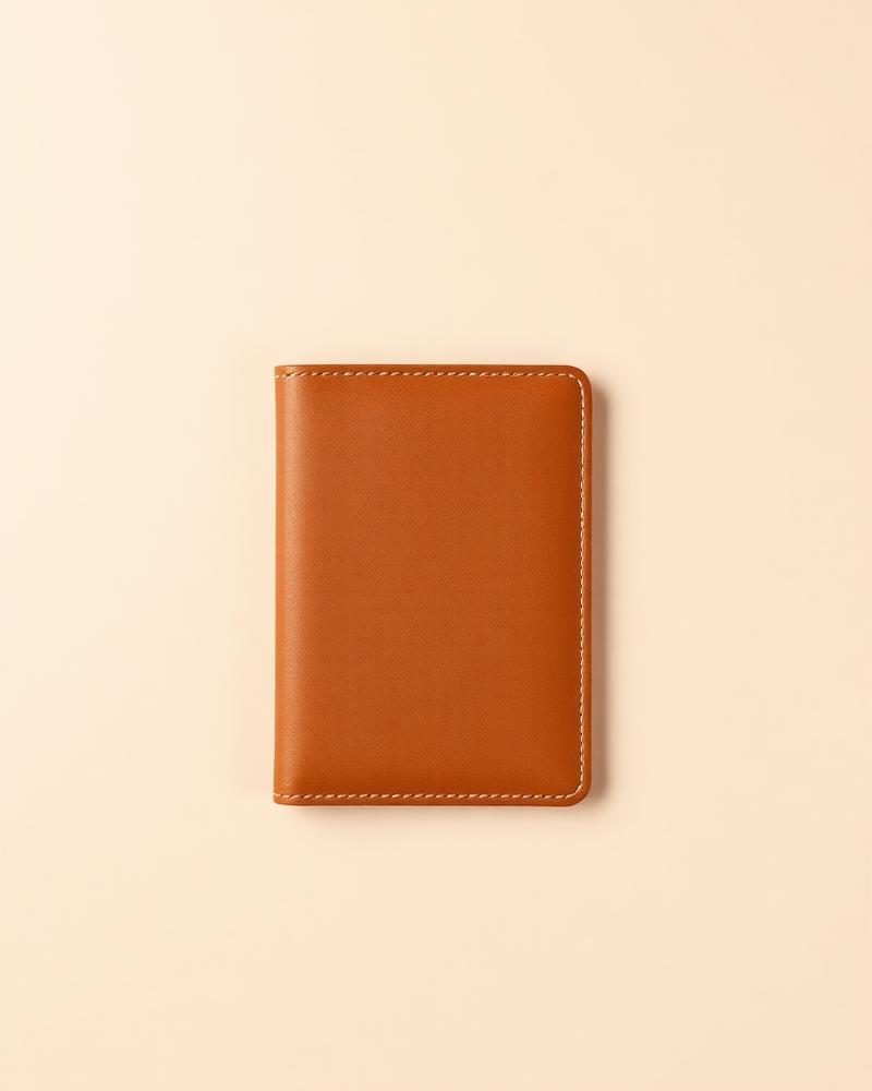 Tan leather passport holder lying closed on a plain neutral background