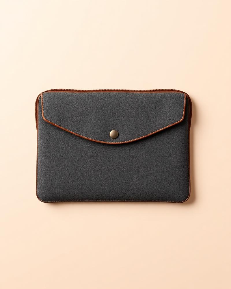 Grey wool felt laptop sleeve lying flat on a plain neutral background