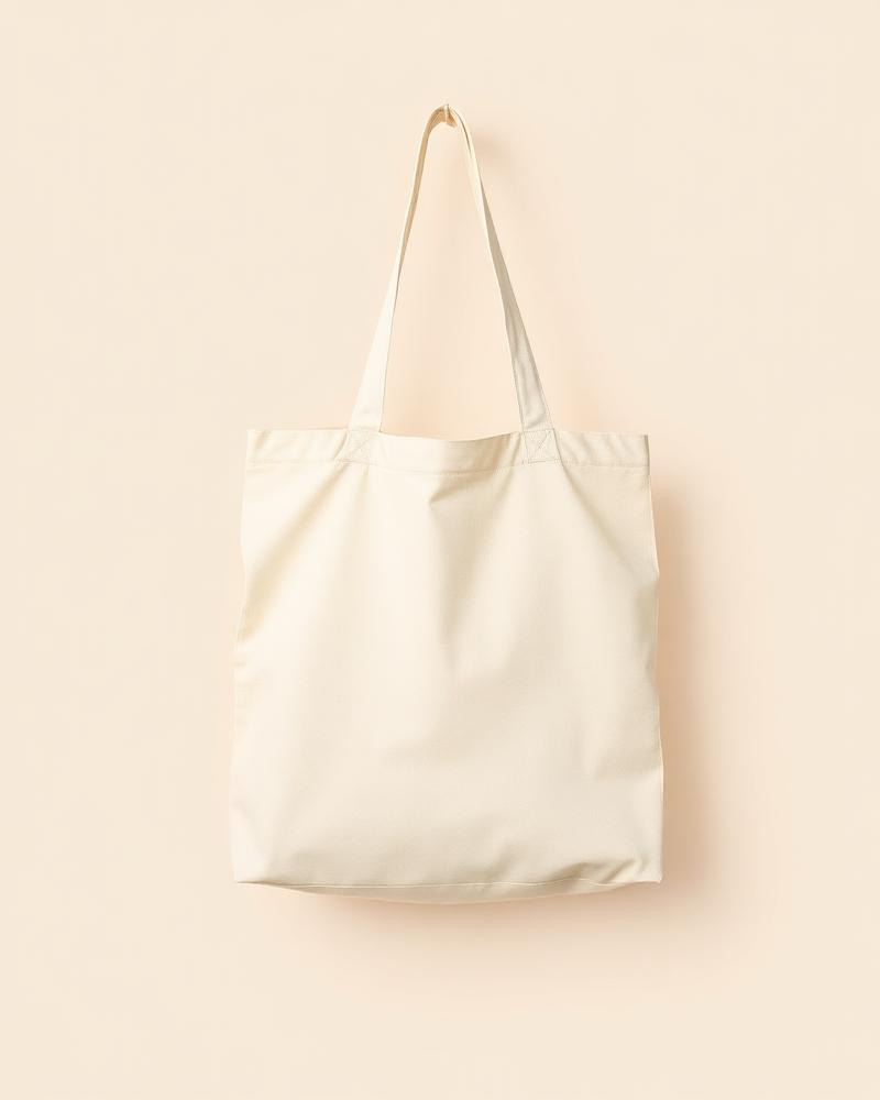 Natural heavy cotton canvas tote bag hanging flat against a plain neutral background
