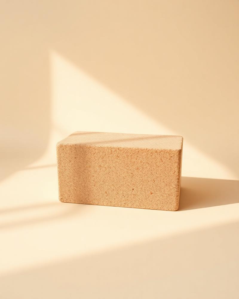 Rectangular cork yoga block standing on a plain neutral background