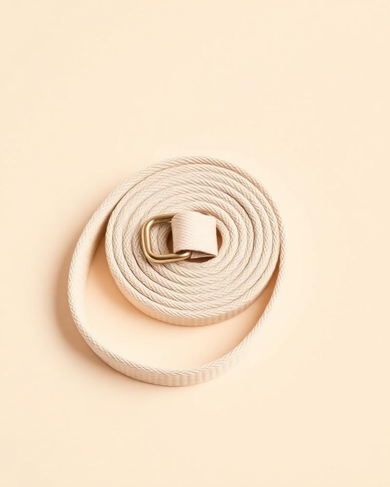 Coiled natural cotton yoga strap with a metal D-ring buckle on a plain neutral background